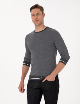 A__k Gri Melanj Slim Fit Bisiklet Yaka Y_n Kar___ml_ Triko Kazak