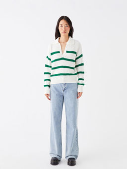 Polo Yaka ?izgili Uzun Kollu Kad?n Triko Kazak