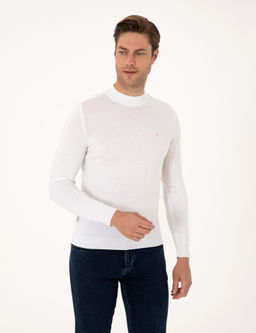 Ekru Slim Fit _eyrek Yaka Basic Triko Kazak