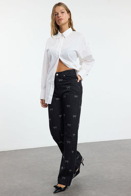 Siyah Fiyonk/Kurdele Detayl? Tasl? Yuksek Bel Wide Leg Jeans TWOAW25JE00325 - Trendyolmilla фото 2