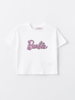 Bisiklet Yaka Barbie Bask?l? K?sa Kollu K?z ?ocuk Ti??rt
