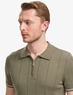 Haki Slim Fit %100 Pamuk Fermuarl_ Polo Yaka Triko Ti__rt