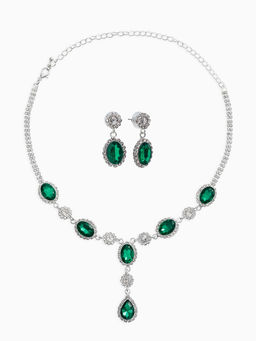 Набор 2 пред-а: серьги, колье "Вечерний шик" овал, цвет бело-изумрудный в серебре