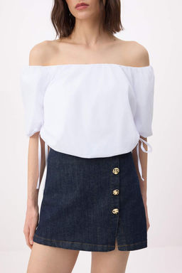 Beyaz Baglama Detayl? Carmen Yaka Dokuma Balon Bluz TWOSS26BZ00419