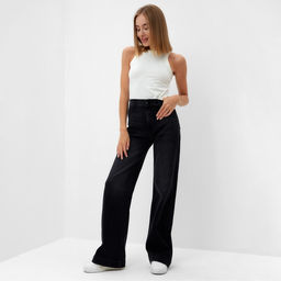 Джинсы женские палаццо MINAKU SLIM FIT, размер 48 (рост 168 см), чёрные