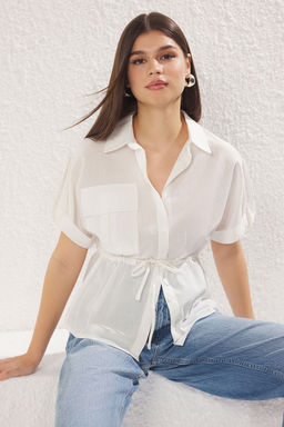 TRENDYOLMILLA Haki Onden Baglama Detayl? Cepli K?sa Kol Dokuma Gomlek TWOSS25GO00017 фото 3