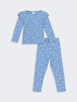 Bisiklet Yaka ?i?ekli K?z ?ocuk Bluz ve Tayt 2li