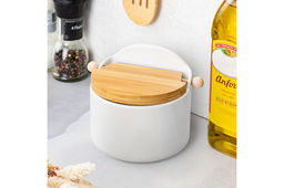 Банка для сыпучих продуктов 500 мл 15*10*11,1 см Белая + откидная бамбук.крышка, керамика