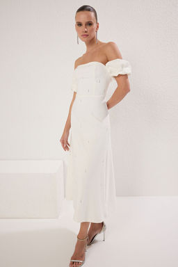 TRENDYOLMILLA Siyah Carmen Yaka Tas Bask? Detayl? Dokuma Midi S?k Elbise TPRSS25EL00243  фото 2