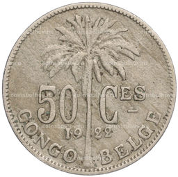 Монета 50 сантимов 1922 года Бельгийское Конго  легенда на французском (CONGO BELGE / DES BELGES)