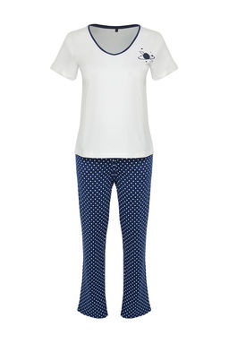 Trendyolmilla Beyaz-Cok Renkli Pamuklu Puantiyeli Orme Pijama Tak?m? THMSS24PT00323