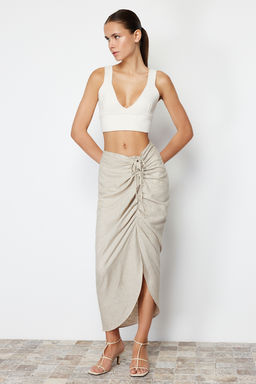 TRENDYOLMILLA Bej Buzgu Detayl? Pamuk Keten Kar?s?ml? Midi Boy Dokuma Etek TWOSS24ET00070  фото 5