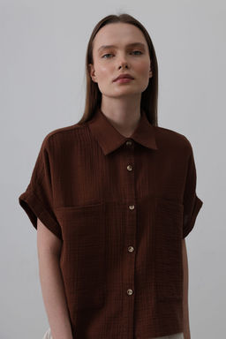 TRENDYOLMILLA Kahverengi Onu Cepli Dusuk Kol Oversize Gomlek TWOSS25GO00057 фото 3