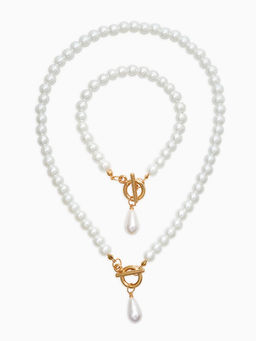 Набор 2 пред-та: бусы.браслет "Жемчуг", капелька, цвет белый в золоте L=18/42см №8