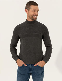 Gri Melanj Slim Fit Yar_m Bal_k__ Yaka Triko Kazak