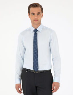 A__k Mavi %100 Pamuk Parlak Saten Slim Fit Uzun Kollu Basic G_mlek