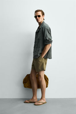 CAMISA RELAXED FIT 100% LINO PLIEGUES / Verde pato