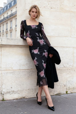 TRENDYOLMILLA Siyah Tul Cicekli Vucuda Oturan Kare Yaka Uzun Kol Maxi Esnek Orme Kalem Elbise TWOAW24EL00291 фото 10