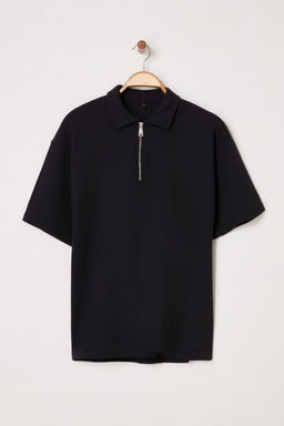 Siyah Oversize/Genis Kesim Dokulu Fermuarl? Polo Yaka T-shirt