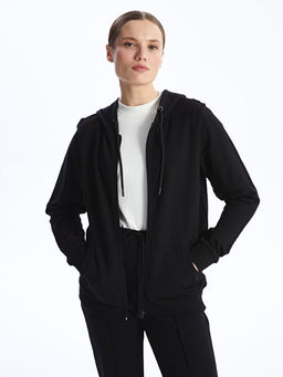 Kap??onlu D?z Uzun Kollu Kad?n Fermuarl? Sweatshirt