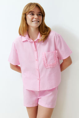 Trendyolmilla Pembe %100 Pamuklu Cep F?rf?r Detayl? Sortlu Dokuma Pijama Tak?m? THMSS24PT00150