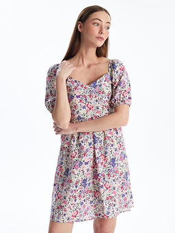 Kare Yaka ?i?ekli K?sa Kollu Elbise