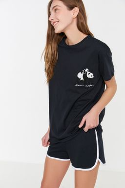 Trendyolmilla Lacivert %100 Pamuklu Panda Bask?l? Sortlu Orme Pijama Tak?m? THMSS22PT00005