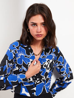 G?mlek Yaka Desenli Uzun Kollu Kad?n Bluz