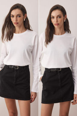 TRENDYOLMILLA Siyah-Beyaz 2li Paket %100 Suprem Oversize/Genis Kesim Orme T-Shirt TWOAW25TS00004  фото 12