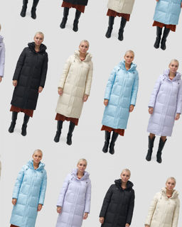 Пальто утепленное стеганное зимнее с капюшоном женское голубого цвета 9601Gl