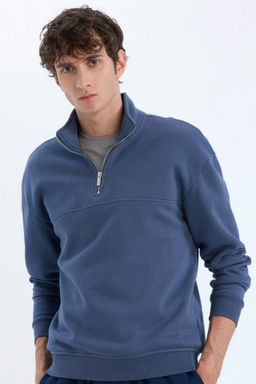 Relax Fit Dik Yaka Fermuarl? Basic Duz Kal?n Sweatshirt - Defacto фото 2
