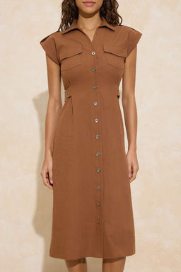 Kahverengi Aksesuar Detayl? Midi Dokuma Gomlek Elbise TWOSS26EL00125