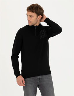 Siyah Slim Fit Fermuarl_ Dik Yaka Triko Kazak