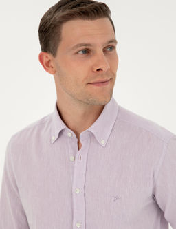 Рубашка приталенного кроя из смесового льна сиреневого цвета с длинным рукавом - Cacharel фото 9