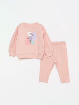 Bisiklet Yaka Uzun Kollu Bask?l? K?z Bebek Sweatshirt ve Tayt 2li Tak?m