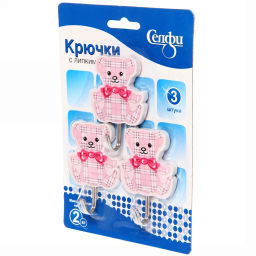 Цена за 6 шт. Крючки в наборе 3шт на липкой основе "Мишки", нагрузка 2кг
