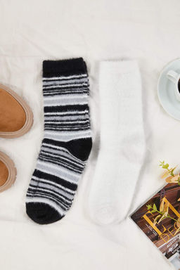 Ekru-Siyah 2li Kalp Havlu Orme Corap THMAW26CO00014