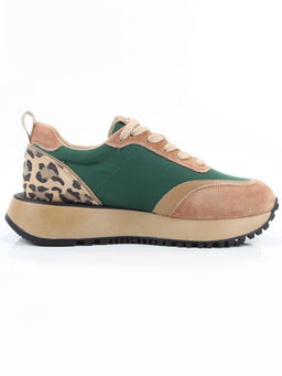 04-PDJ96-2 BEIGE/GREEN Кроссовки демисезонные женские (натуральная замша, натуральная кожа, текстиль)