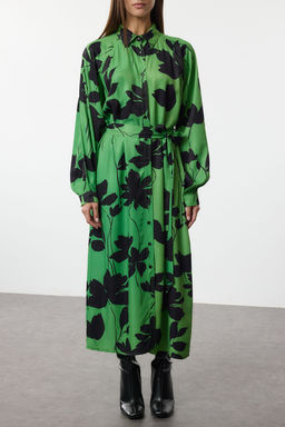 Trendyolmilla Yesil Cicekli Genis Kal?p Kollar? Dikis Detayl? Premium Kumas Maxi Gomlek Elbise TWOAW25EL00512 фото 3