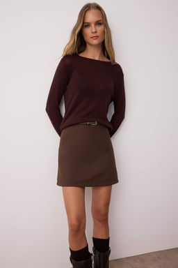 Koyu Kahverengi Yuksek Bel A-Line Mini Dokuma Etek TWOSS22ET0136