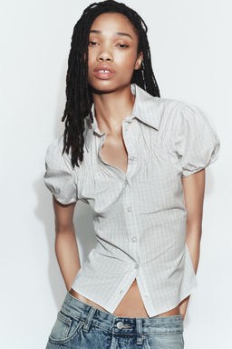 CAMISA CUADROS POPEL?N EL?STICO / Verde / Crudo