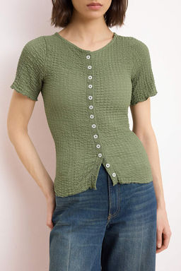 Ac?k Haki Fitted/Vucuda Oturan Dugmeli K?sa Kollu Dokulu Orme Bluz TWOSS26BZ00261