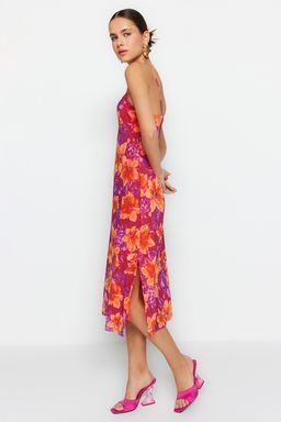 Pembe Cicek Desenli Y?rtmac Detayl? Astarl? Tul Ask?l? Belden Ac?lan Midi Elbise TWOSS23EL01453 - Trendyolmilla фото 2