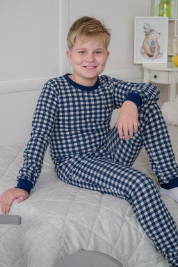 Пижама подростковая из кулирки пенье на манжетах Дрёма клетка синяя - Амадэль фото 22