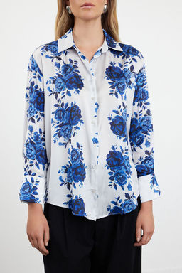 Lacivert Dokuma Saten Gul desenli Oversize Genis Kal?p Gomlek TWOSS24GO00246 - Trendyolmilla фото 3