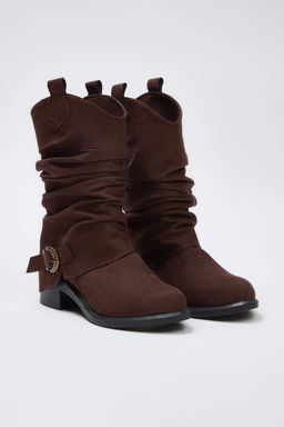 Kahverengi Suet Toka Detayl? Koruklu Blok Topuklu Kad?n Cizme TAKAW26BO00084