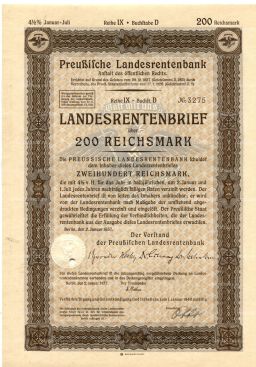 Облигация 4,5% 200 рейхсмарок 1937 года Германия