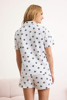 Siyah-Beyaz %100 Pamuklu Kedi ve Pati Desenli Orme Pijama Tak?m? THMSS26PT00044