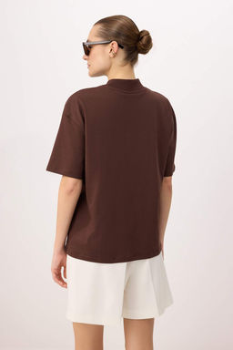 Kahverengi %100 Kal_n Pamuklu Dik Yaka Truvakar Kol _rme T-Shirt TWOSS24TS00074 - Trendyolmilla фото 4