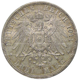 3 марки 1911 года F Германия (Вюртемберг)  25 лет свадьбе Вильгельма II и Шарлотты
